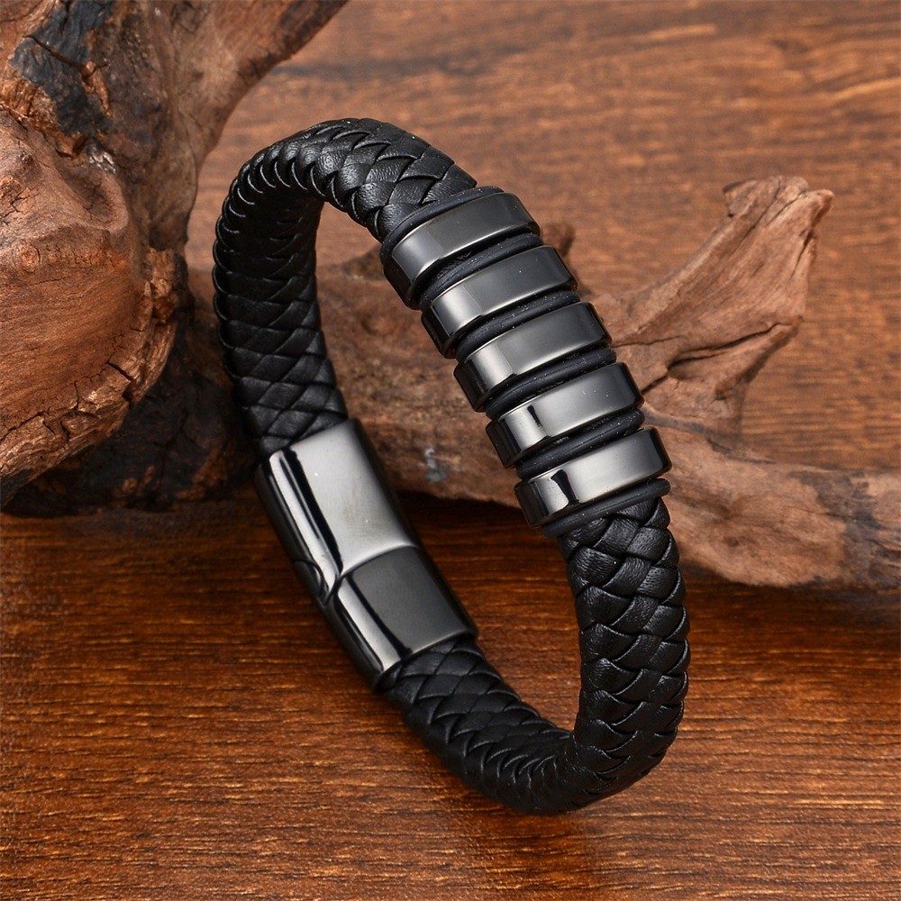 Gelang Kulit Asli Hitam Original - Gelang Titanium Silver untuk Pria, Aksesori Hadiah Eksklusif & Pe