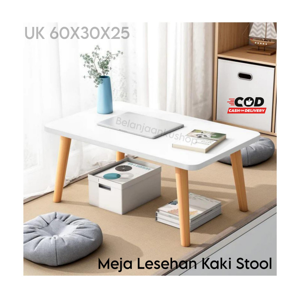XLOTFASHOP Meja Lesehan Kayu Panjang Ruang Tamu 60x30 Minimalis Aesthetic Meja Belajar Laptop Putih 