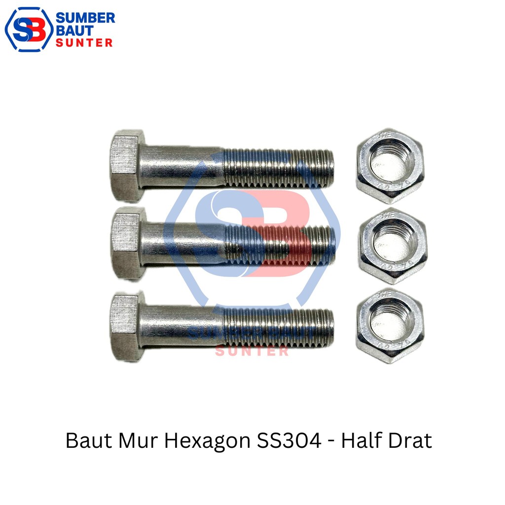M6x130 Baut Mur Hexagon Stainless Steel SS304 6x130 - Half Drat