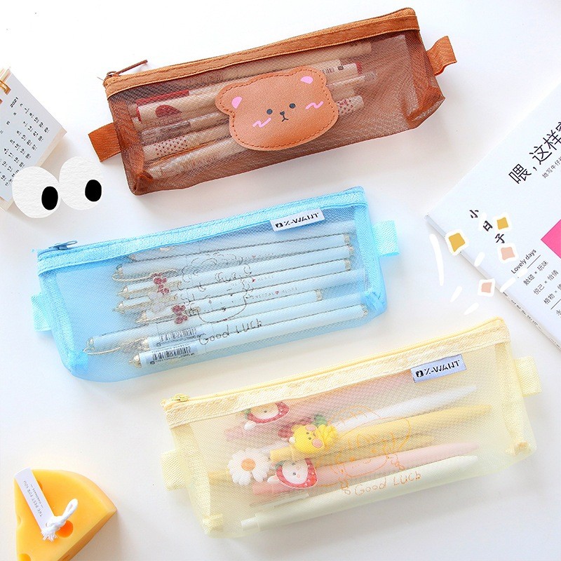 

MAOMAO Tempat Pensil Zipper Coklat Motif Beruang Dompet Pensil Coklat Lucu Motif Bear Tempat Makeup Teddy Brown Model Jaring Transparan dan Multicolour Cute