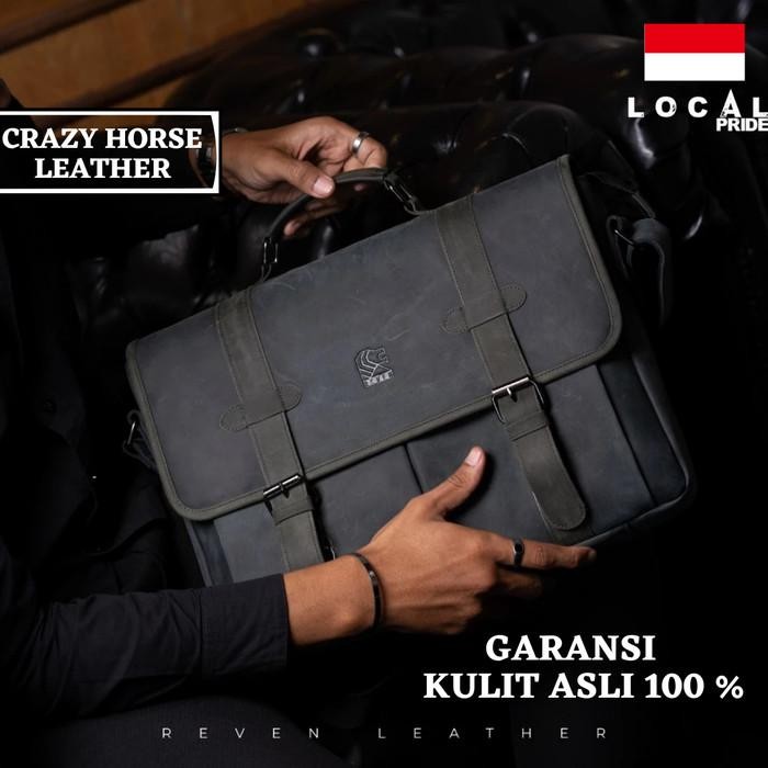 Tas Laptop Pria Branded Premium Kulit Asli Briefcase Leather Postman Bag Helsinki Reven Olive Origin