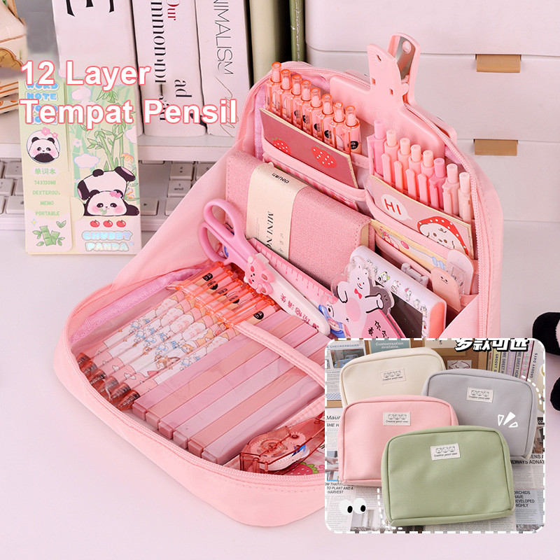 

12-layer Super Large Capacity Pencil Case Kawaii Canvas Pencil Box Pen Pouch Organizer Stationery Kantor