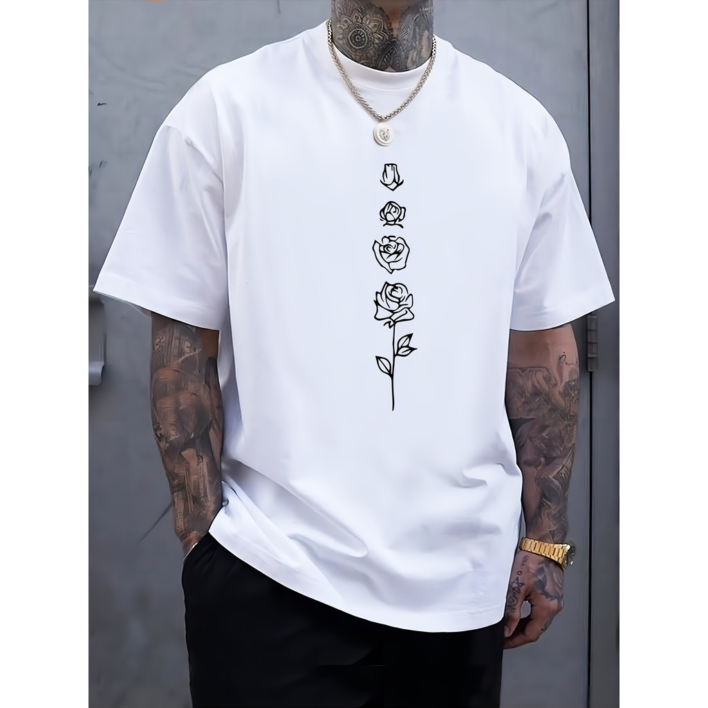 Kaos Pria Motif Mawar Santai Katun Lembut Leher Bulat Hitam Mawar Putih Cocok untuk Santai dan Luar 