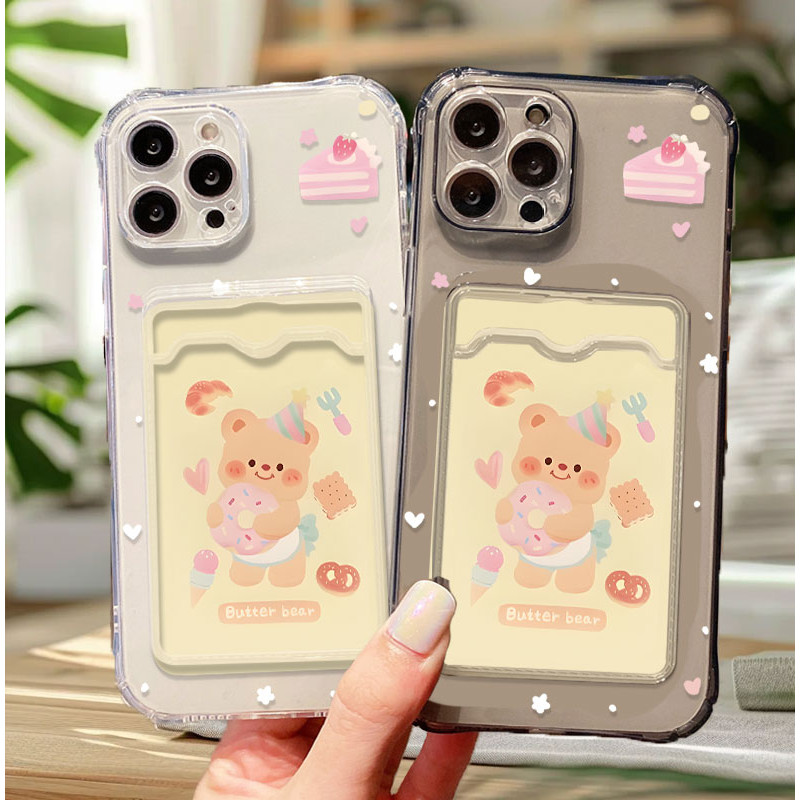 Bear Makes Friends Clear Shockproof Phone Case with Card Holder for Realme 5/5i/5s/6i/9 4G/ 9 Pro+/ 