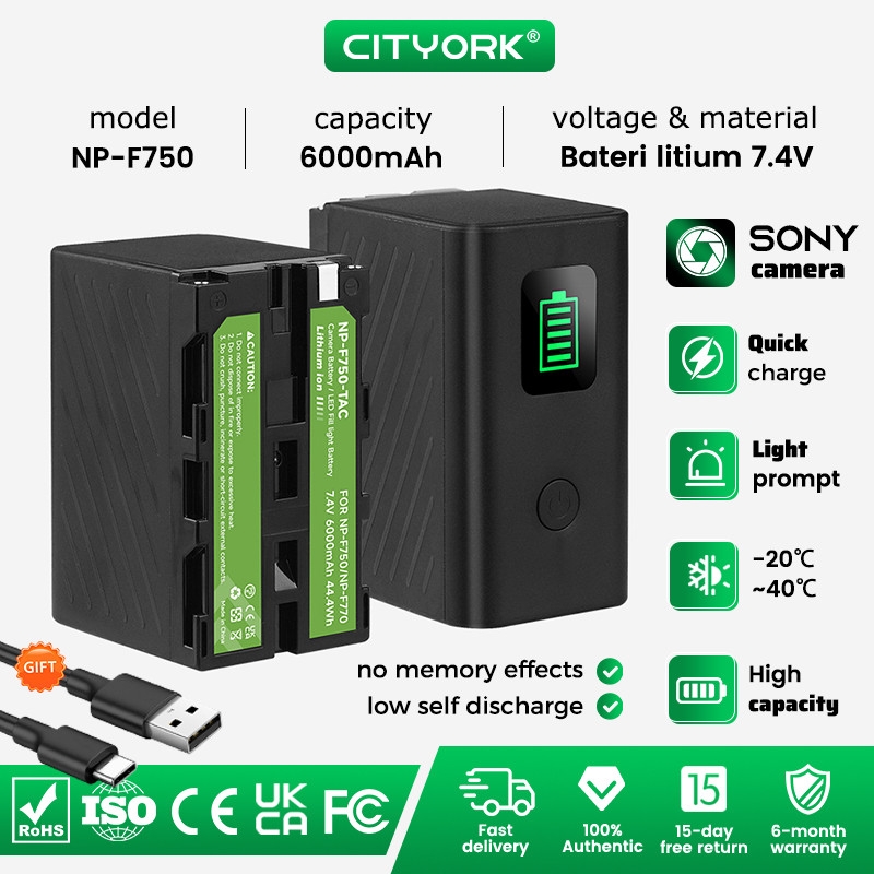 Cityork USB Baterai 6000mAh NP-F960 NP-F970 NP-F980 NP-F750 NP-F550 Type-C Fast Charging Rechargeabl