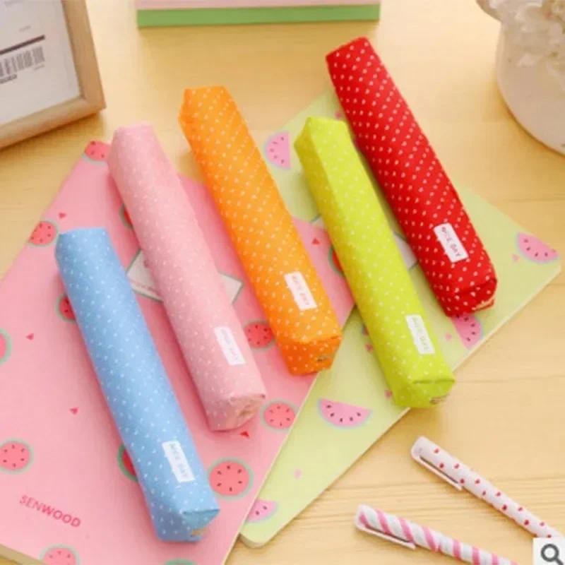 

1Pc Korean Cute Stripe Polka Dot Candy Color Pencil Bag Portable Student Stationery Pencil Pouch Girls Back To School Supplies