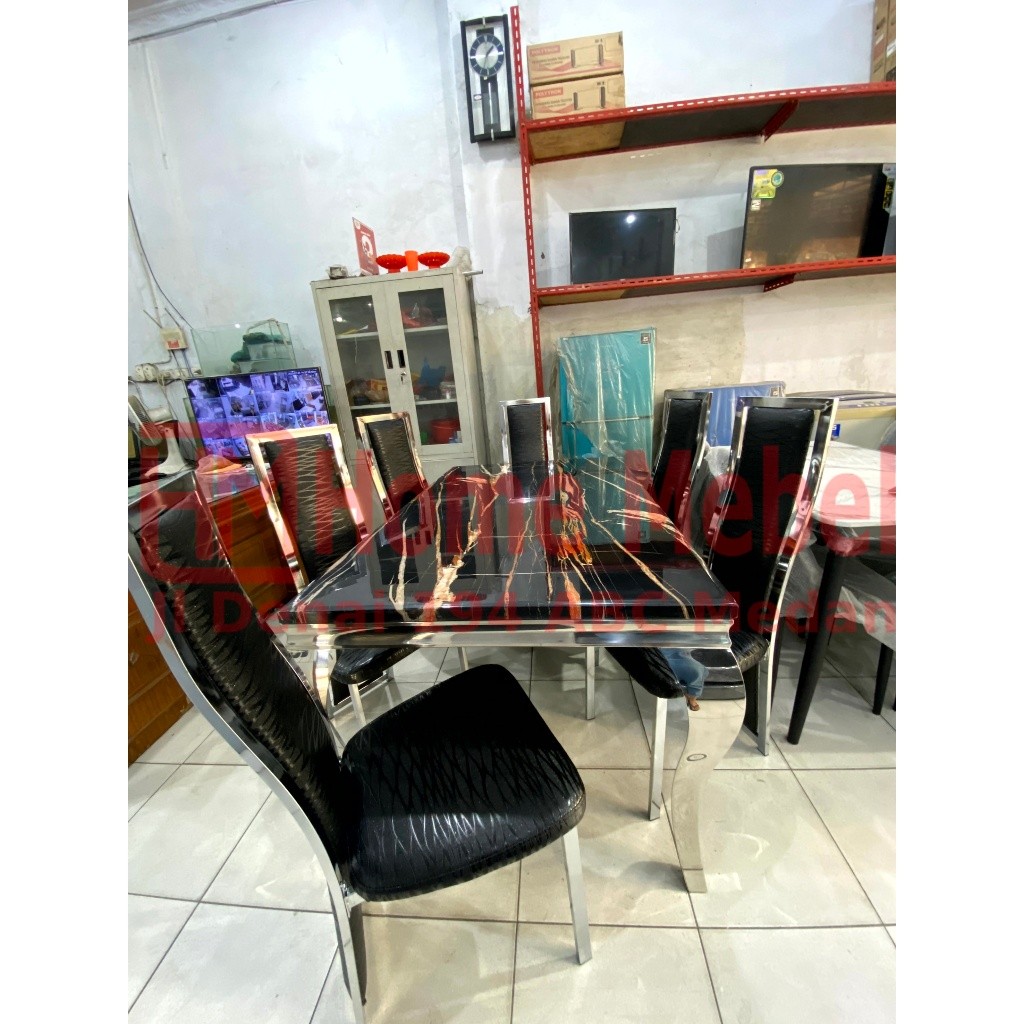 PROMO TERMURAH Meja Makan Marmer Import marmer lis perak DS 1601 SSB + 6 Kursi by HOMEMEBEL DENAI