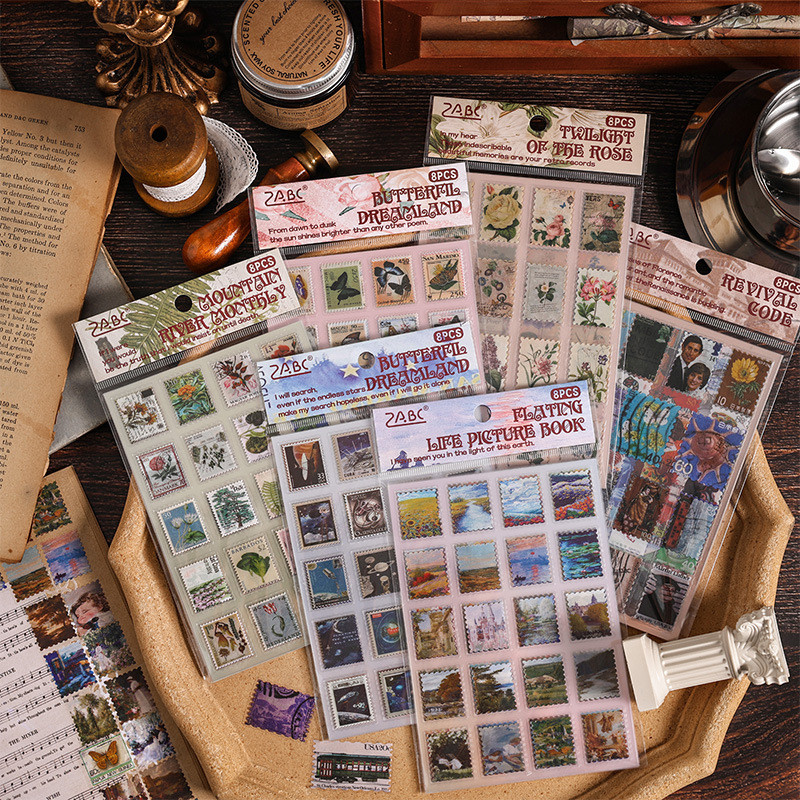 

8 PCS PET Retro Stamps Cute Cartoon Stickers Book Album Diary Decorative Stickers Scrapbooking Aesthetic Stationery Supplies