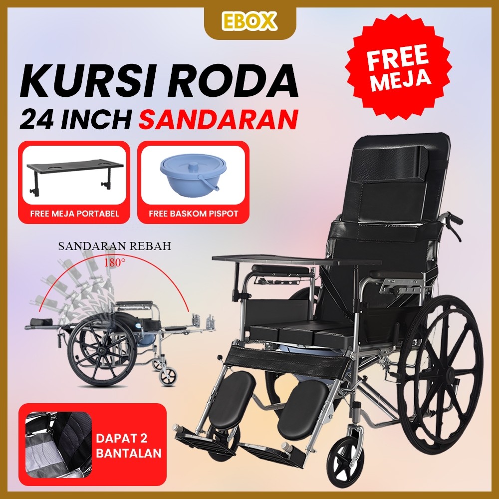 Kursi Roda Hidrolik EBOX 24 Inch, Sandaran Rebah 180° + Meja Portabel & Baskom Pispot