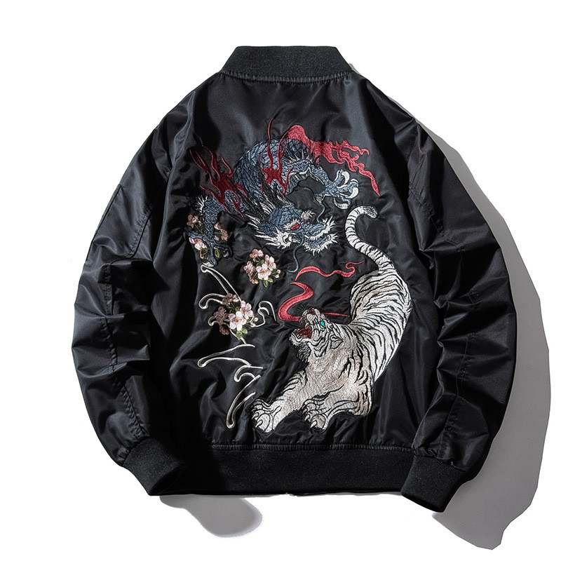 Embroidery Mens Bomber Jacket Dragon Tiger Autumn Winter Pilot Jacket Men Hip Hop Japanese Baseball 