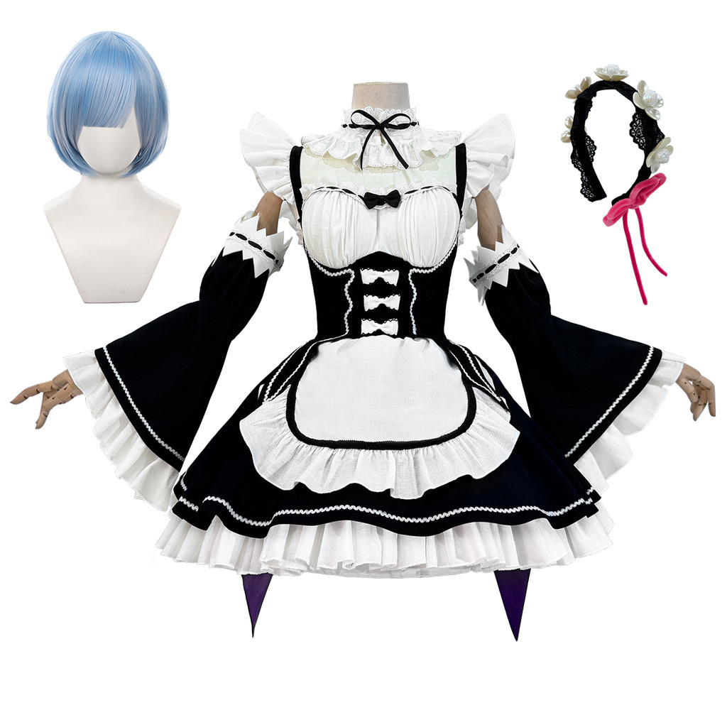 HOLOUN Re:Life In A Different World From Zero Anime Rem Cosplay Costume Wig Lolita Maid Dress Black 