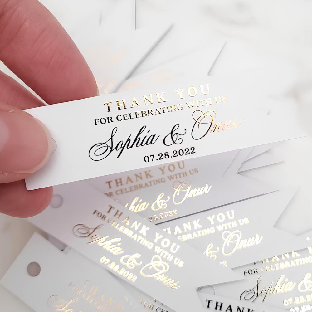 

50pcs Custom Wedding Labels, Gold Name Tags, Wedding Thank You Label, Personalized Wedding Label Pre-punched Hole