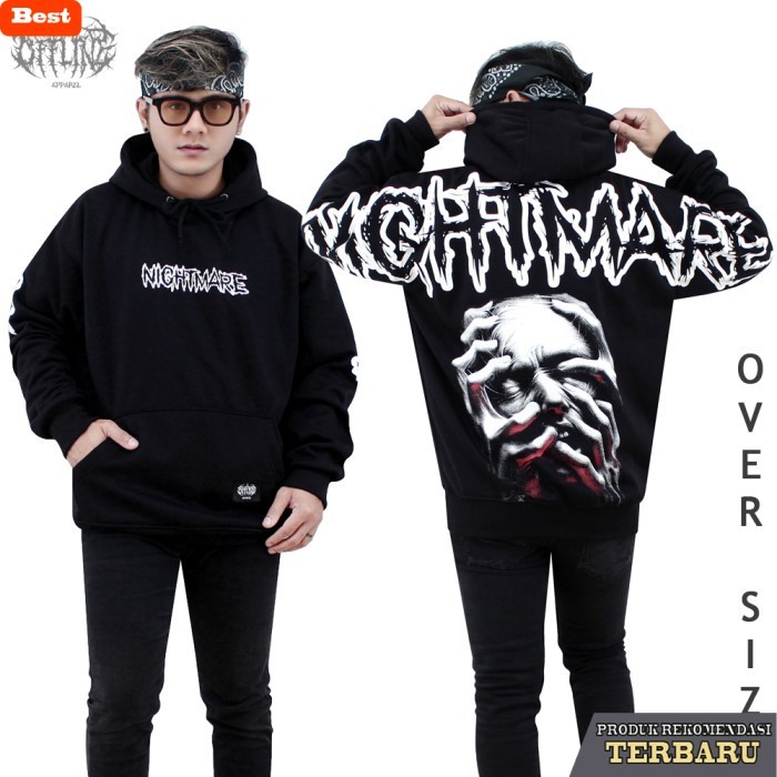 hoodie pria keren OFFLINE Hoodie Jumper OVERSIZE NIGHTMARE / hoodie cowok cewek tebal ori - Hitam, M