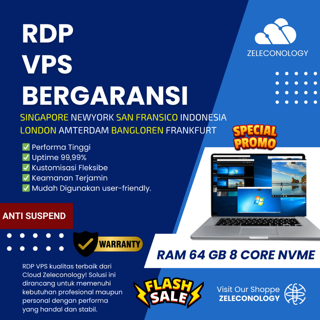 RDP 8 CORE 64 GB VPS 30 HARI SEBULAN GARANSI WINDOWS LINUX