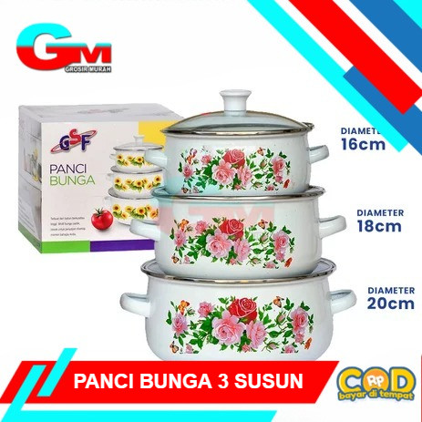 [READYYY] Panci Bunga Calypso 3 Susun / Panci Enamel Bunga Set 3pcs