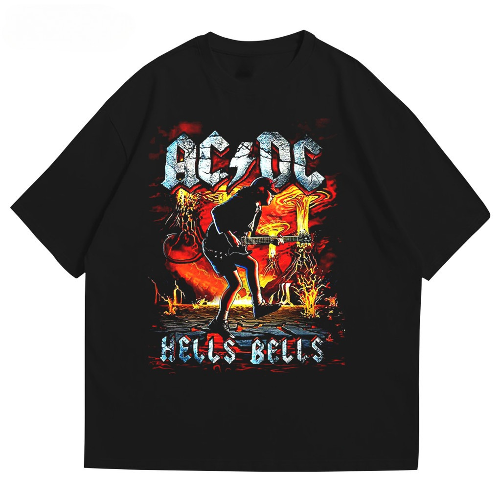Kaos Band ACDC Guitarist Hells Bells Tshirt Oversize Vintage Pria Wanita