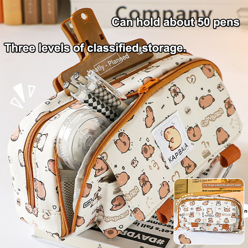 

Student Canvas Pencil Case Kawaii Large-capacity Stationery Box Capybara Pattern Multifunctional Cute Boy Stationery Storage Bag