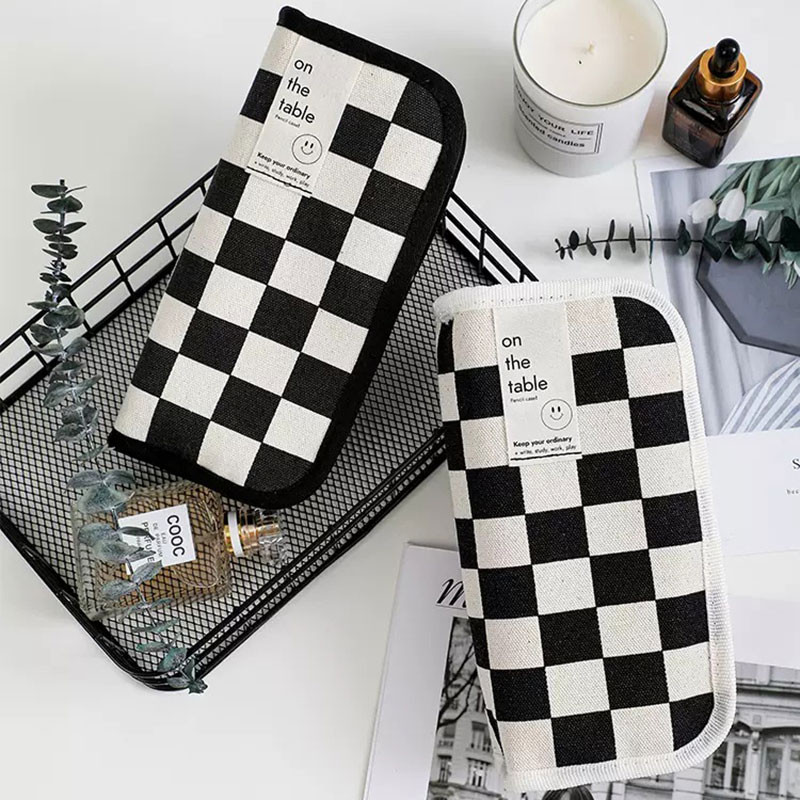

Simple Black and White Plaid Canvas Pencil Case School pencil case Kawaii Stationery Storage Bag aesthetic stationery