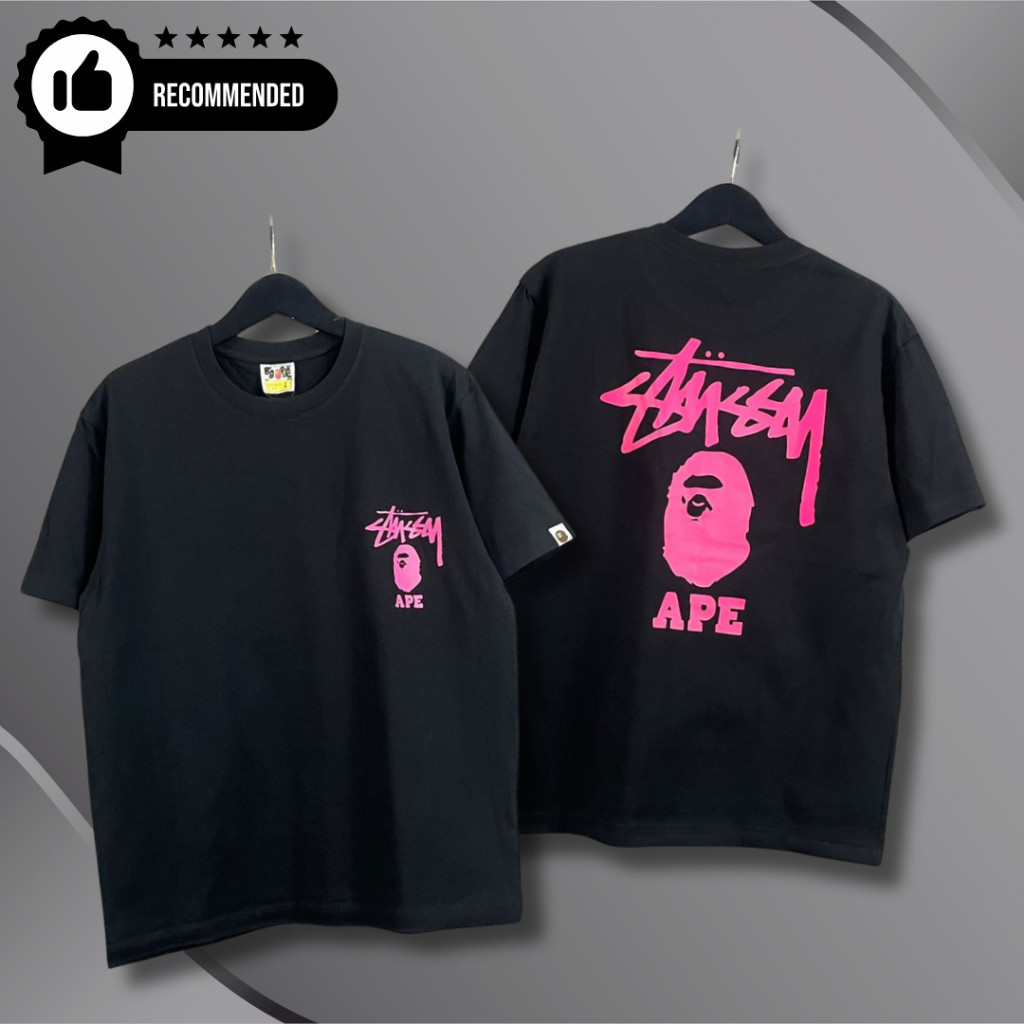 KAOS OVERSIZE - 12.12 Baju Kaos Bape X Stussy Pink Black Tee T-Shirt Baju Kaos Atasan Pria & Wanita 
