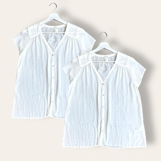 GARNESHOP  Blouse Kerah V-Neck Kancing Putih Hm Garis-Garis