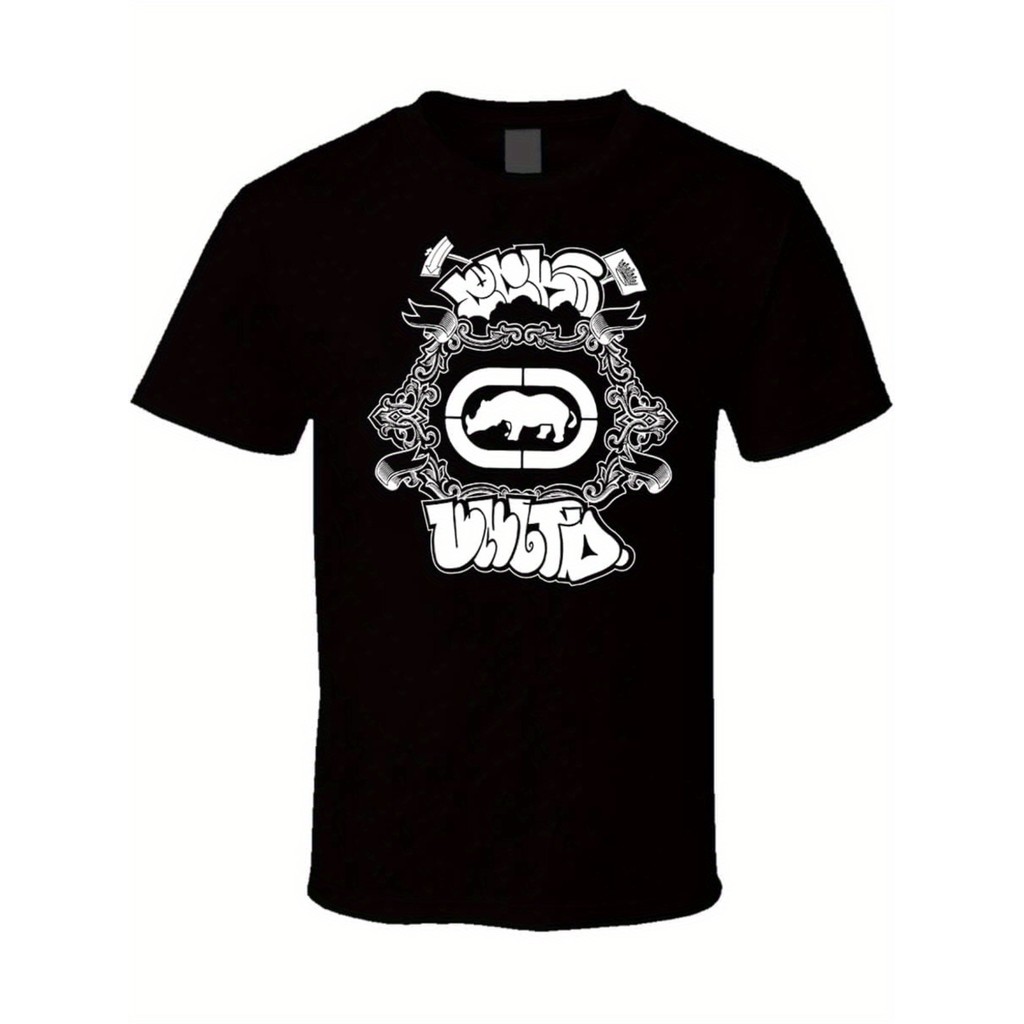 Kaos Ecko Unltd Pria Hitam 100% Katun Kerah Bulat Santai Rajutan Sepanjang Musim dengan Logo Badak R