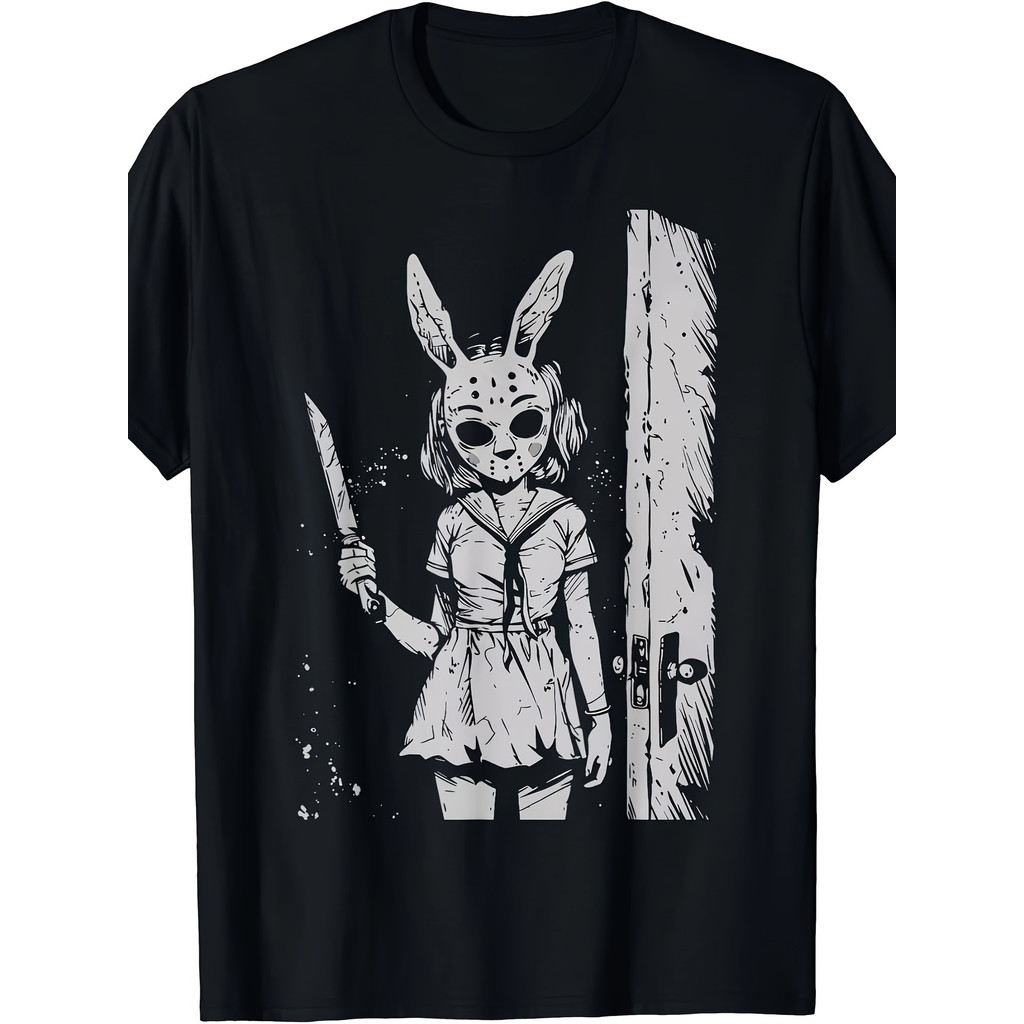 Kaos Pria Topeng Kelinci Horor Katun 100 Persen O-Neck Santai Desain Pembunuh Anime Menakutkan Cocok