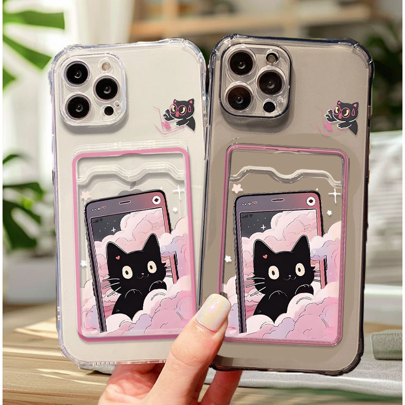 Curious Black Cat in Pink Clouds Phone Case Card Holder Cover for Realme 5/5i/5s/6i/9 4G/ 9 Pro+/ 9i