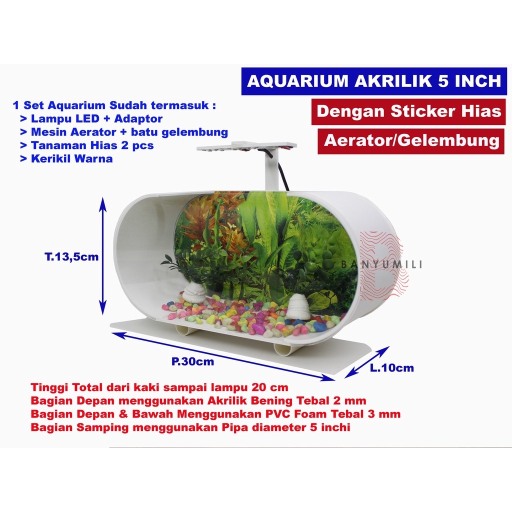Aquarium Akrilik murah 5 dim full set + pompa aerator + batu gelembung + Lampu LED