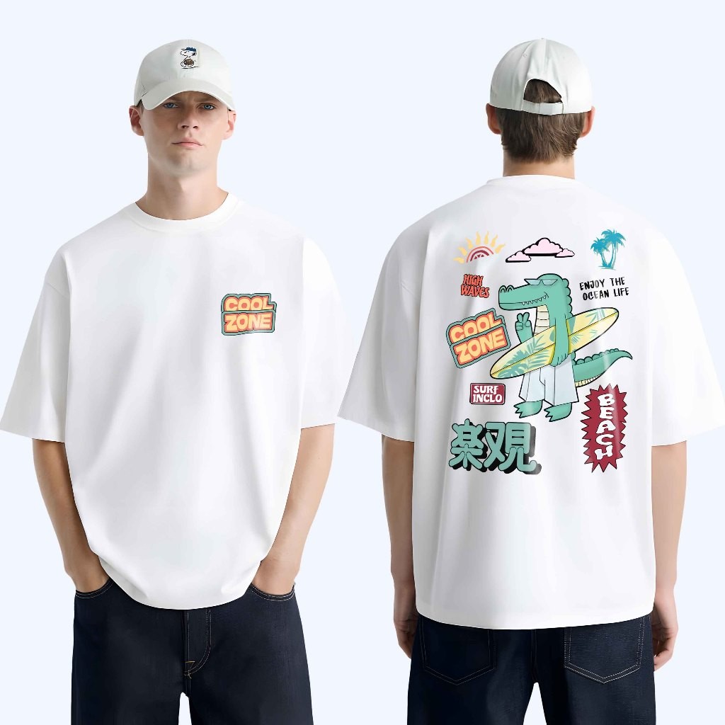 Surfinclo Oversized T-Shirt Streetwear White Cool Zone Cotton Combed 24s Kaos Pria