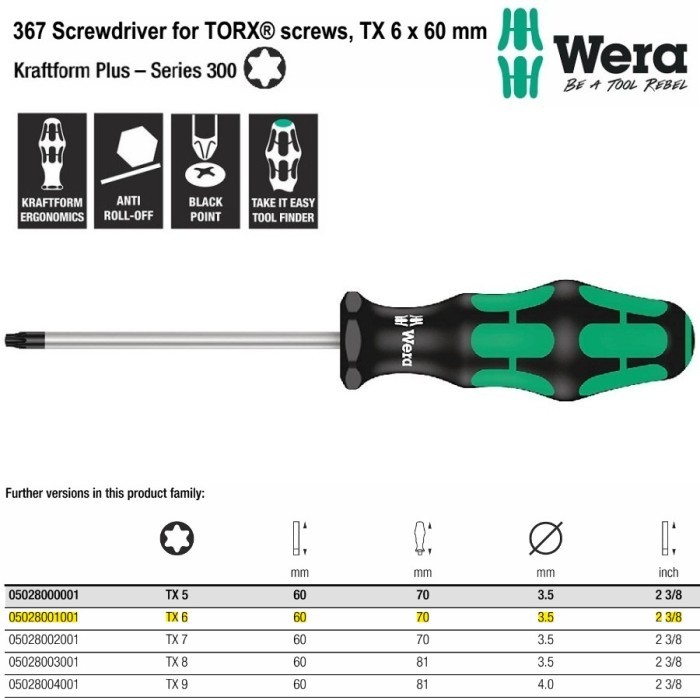 WERA 05028001001 Obeng Bintang TX 6 x 60 mm Torx Screwdriver TX6