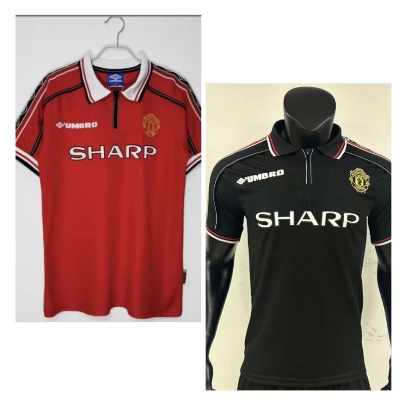 SHAFFSHOP JERSEY BOLA RETRO MU SHARP TREBLE WINNER RED/BLACK PENDEK dan PANJANG [S-5XL] PREMIUM GRAD