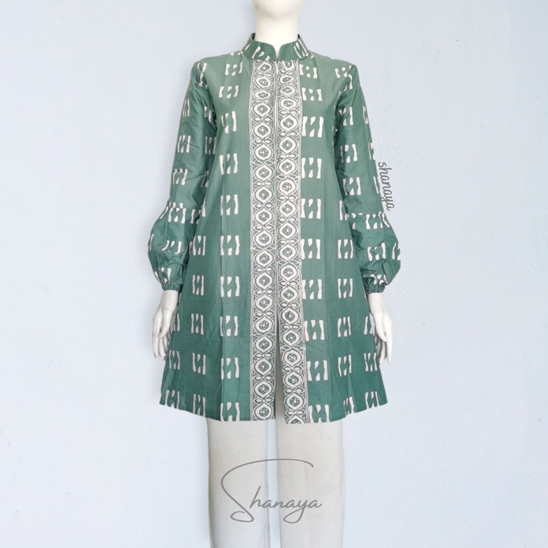 JAMIN MURAH Shanaya Baju batik wanita Tunik Lengan balon Sage green Zipper depan sangat elegan dress