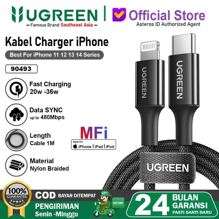 UGREEN Kabel Data iPhone MFi USB Lightning Dan USB Type C To Lightning - USB-C 90493 1M     Terlaris