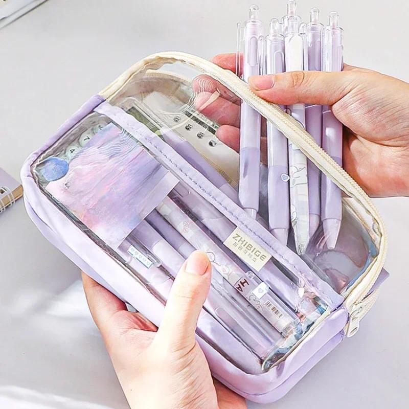 

Transparant Purple Large Capacity Pencil Bag Candy Color Pen Case Zipper Pencil Pouch Big Stationery Holder Bag School Supplies