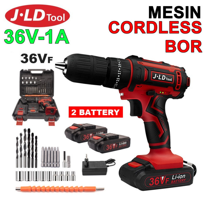 JLD Mesin Drill 36V SET Cordless Baterai 13 mm Bor Impact Kayu Beton