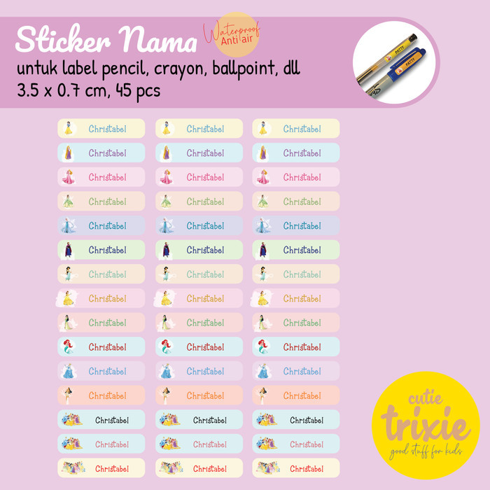 

Sticker Label Nama Anak pen crayon pensil Princess