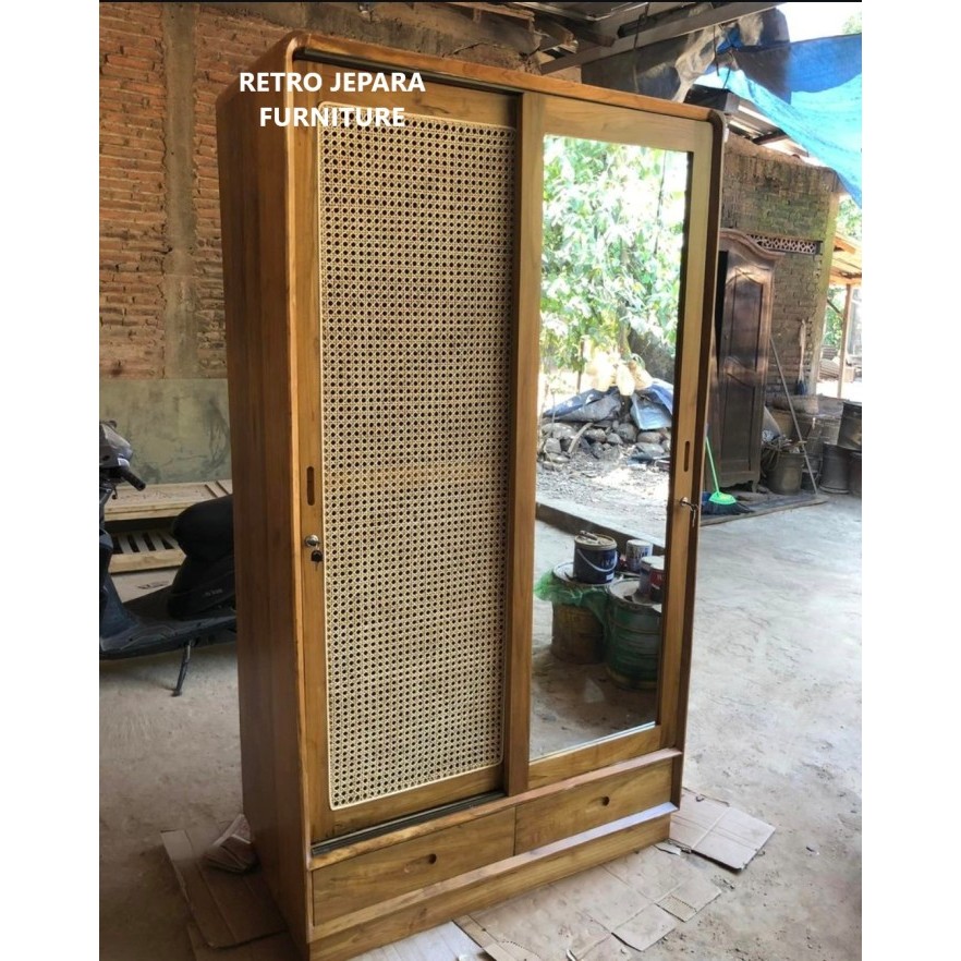 Lemari pakaian retro minimalis Kayu Jati pintu 2 Cermin - Almari Baju Kayu Jati/lemari pakaian minim