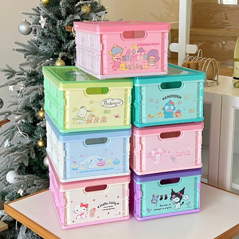 

Sanrio HelloKitty Folding Storage Box Organizer with Lid Kuromi Cinnamoroll Desktop Storage Box Melody Cosmetics Storage Basket