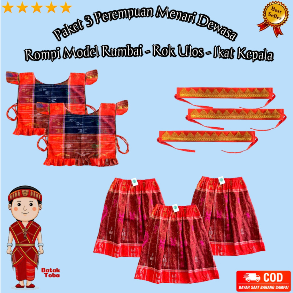Paket 3 Perempuan Menari Dewasa / Rompi Ulos Model Rumbai / Rok Ulos / Ikat Kepala / N O