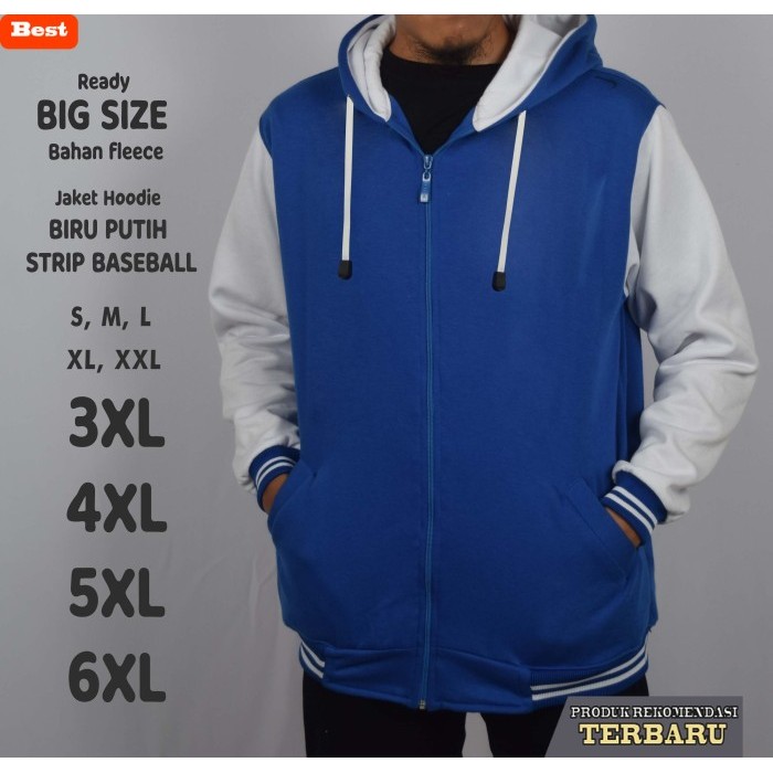hoodie pria keren Jaket Hoodie Jumbo Bomber Baseball Big Size Pria Strip S M L XL XXL - biru putih, 