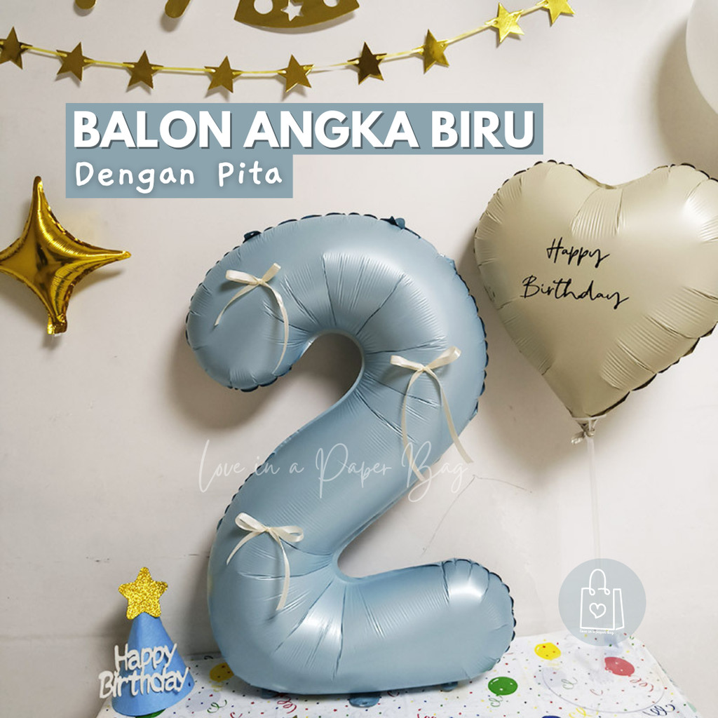 [LIPB] BALON BESAR ANGKA retro biru dengan pita