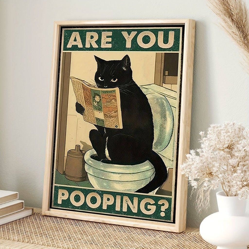 

Art quote you are pooping black cat kitten reading newspaper in toilet funny animal poster retro art living room decoration