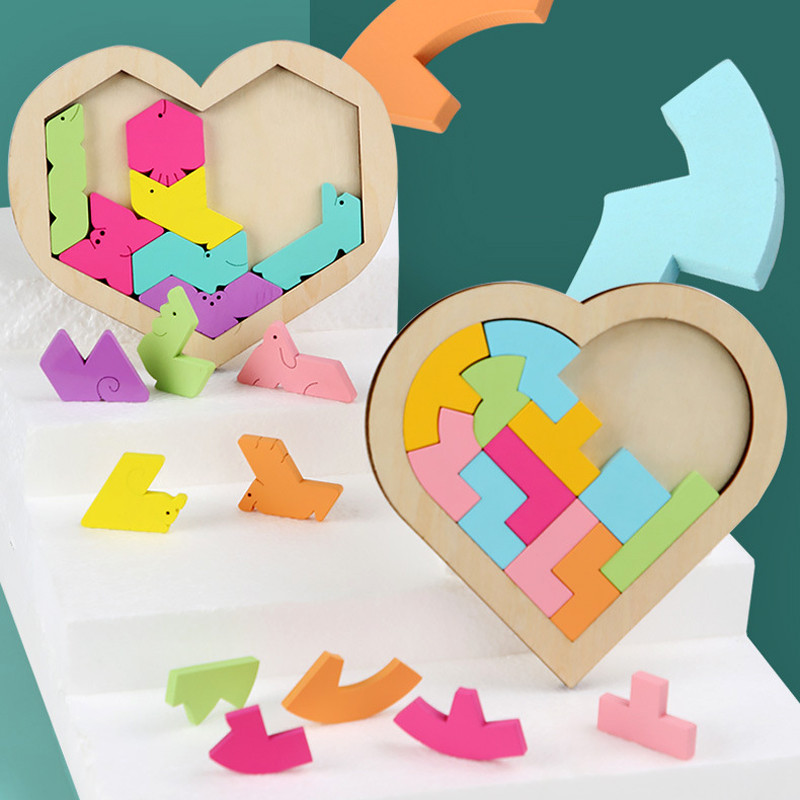 

Kids Wooden 3D Puzzle Game Colorful Jigsaw Tangram Math Toys Heart Shape Baby Montessori Educational Learning Toys
