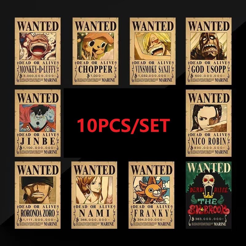 

10PCS Anime Luffy Straw Hat Pirates One Piece Wanted Poster Stickers Vintage Painting Kid Bed Room Wall Decorate Adult Toy Gift