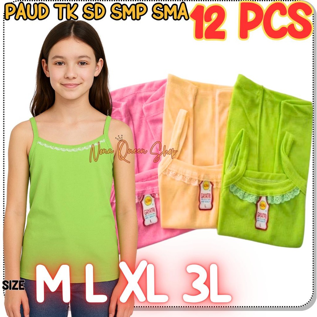SELUSIN 12 PCS SINGLET KAOS DALAM ANAK PEREMPUAN MOTIF RENDA PAUD TK SD SMP SMA