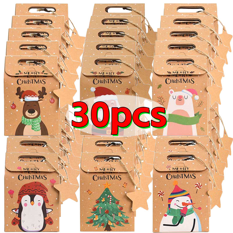 

1/30pcs Merry Christmas Kraft Paper Gift Boxes DIY Candy Cookies Packing Bags Snow Xmas Tree New Year Party Home Decoration