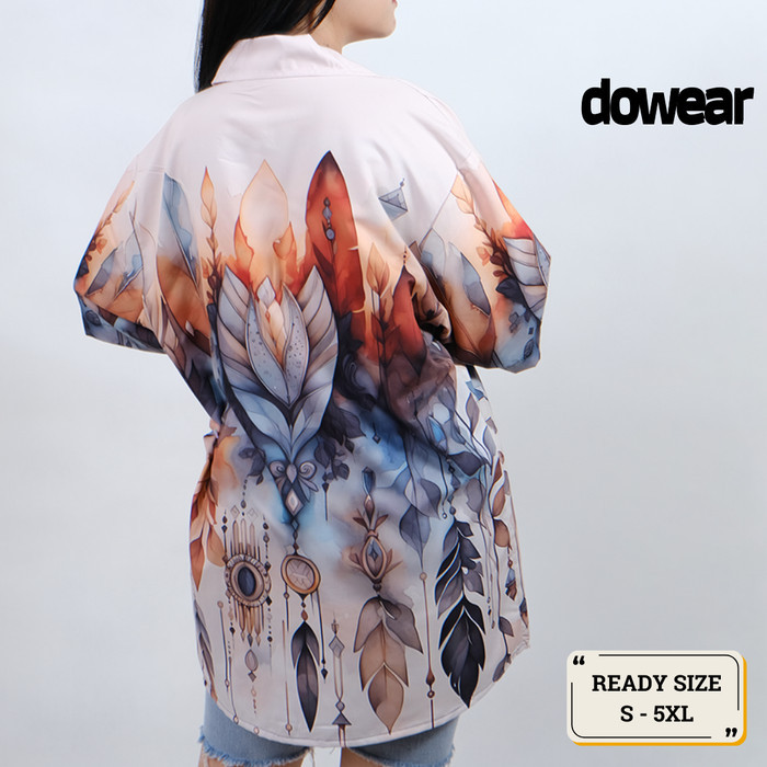 Hem Baju Kemeja Motif Cewe Cowo Motif Full Printing Oversize Pria Wanita Outdoor BULU DAUN 228  XL