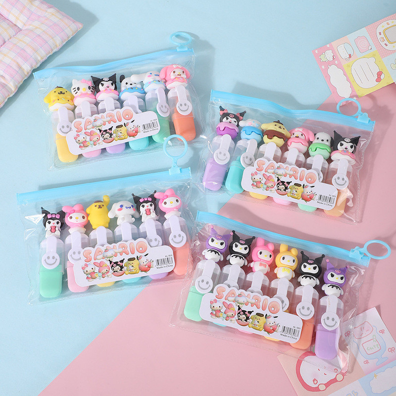 

Sanrio Highlighter Cartoon Creativity 6Pcs Kuromi My Melody Lovable Focus Portable Colour Drawing Pen Student Supplies Gift