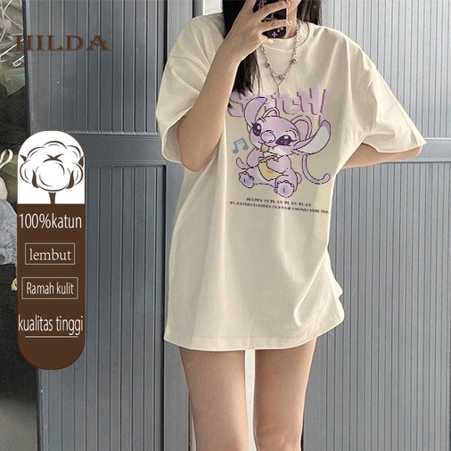 Kaos Longgar Motif Jahitan Pink / Kaos Wanita Korea Atasan Wanita Terbaru Warna Krem dan Biru Muda K