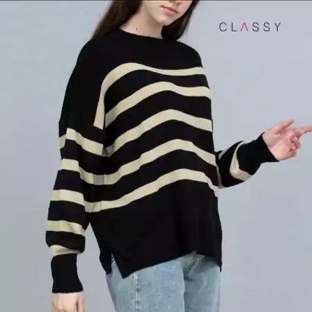 Maudy Sweater Rajut motif Garis Oversize Reguler